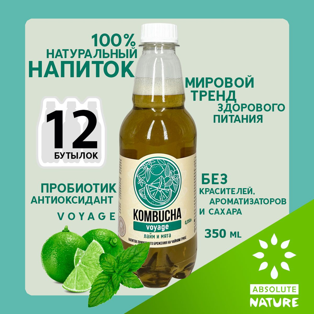 Комбуча чайный гриб Absolute Nature "KOMBUCHA-VOYAGE" без сахара с лаймом и мятой 350 мл. 12 шт.  #1