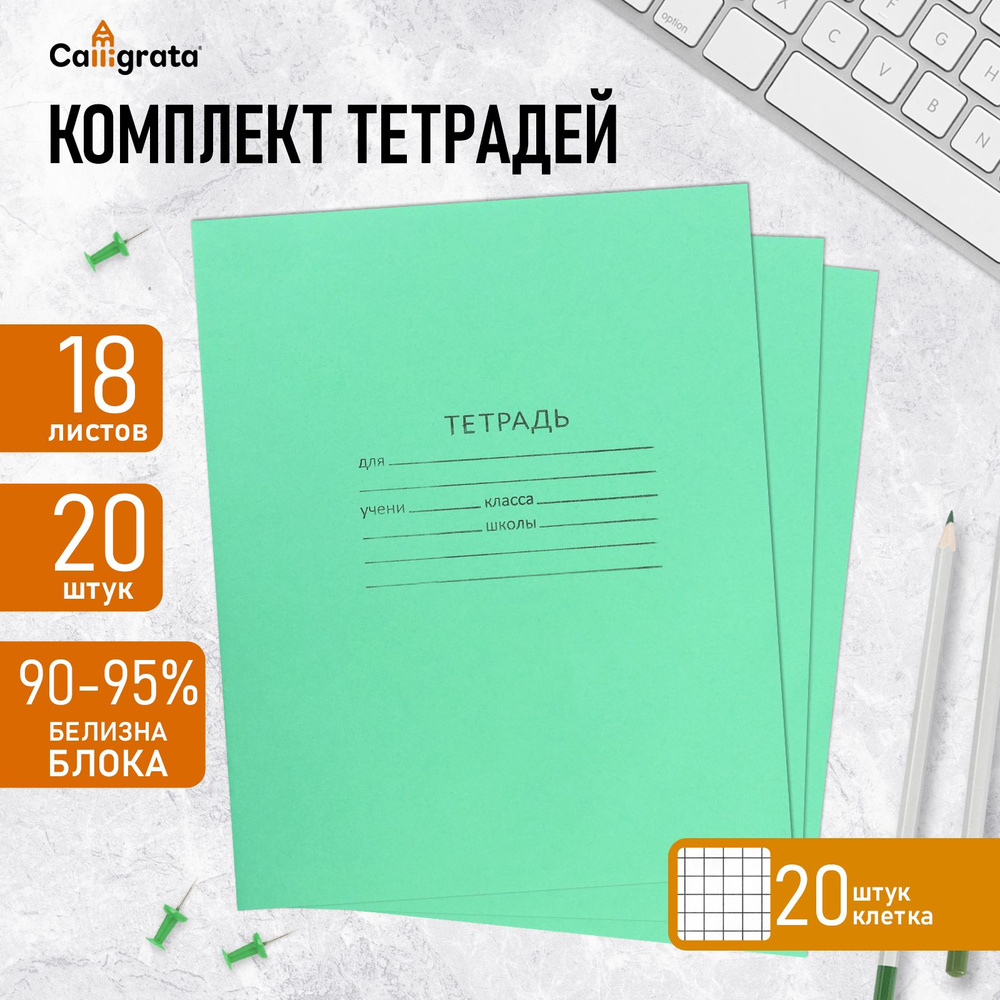 Комплект тетрадей из 20 штук, 18 листов в клетку КПК "Зелёная обложка", блок офсет, белизна 90-95%  #1