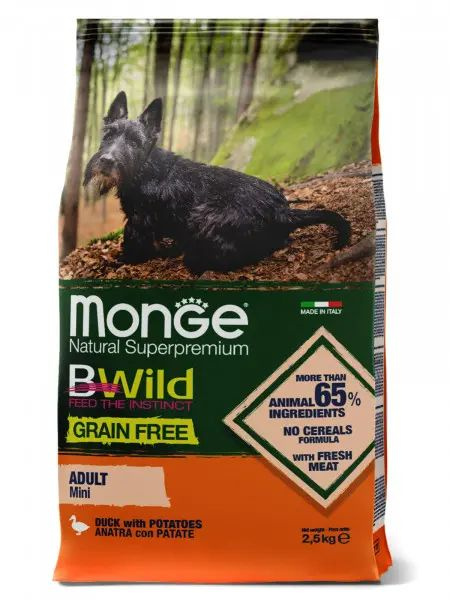 Monge Dog BWild Grain Free Mini сухой беззерновой корм из мяса утки с картофелем для взрослых собак мелких #1