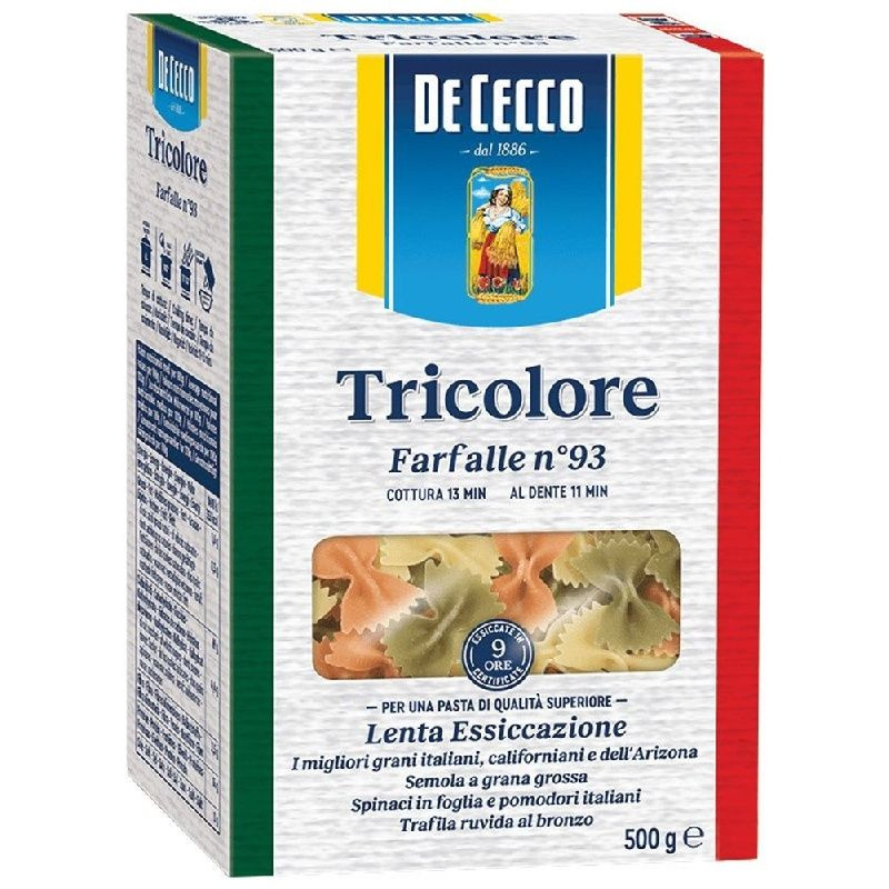 Макаронные изделия DE CECCO №93 Farfallle Tricolore (Фарфалле Трехцветные) 500г  #1