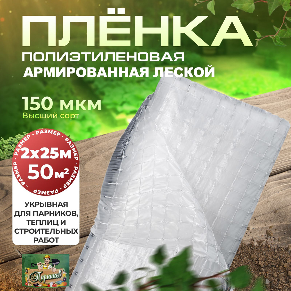 Пленка армированная леской 150 мкм, 2м х 25м с УФ стабилизацией Парников / для парника / прозрачная  #1