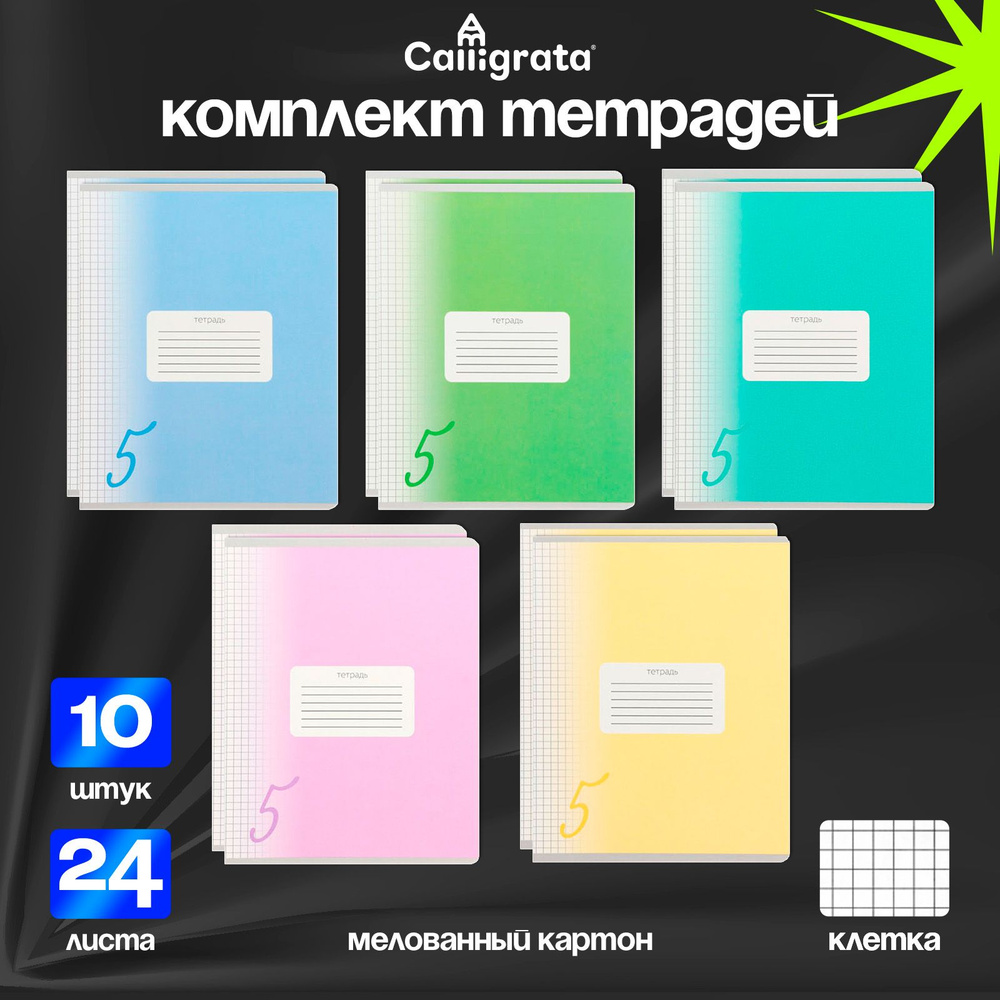 Комплект тетрадей из 10 штук, 24 листа в клетку Calligrata "Пятёрка", обложка мелованный картон, ВД лак, #1