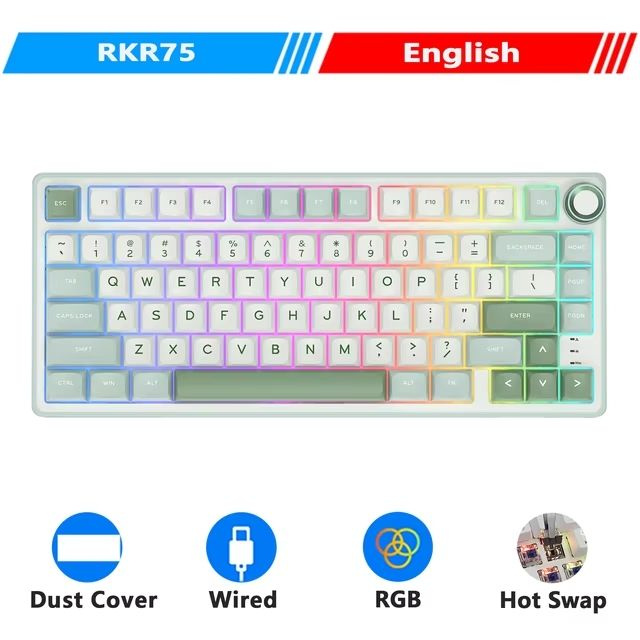 HOT KEY Игровая клавиатура проводная rk r75, (RK Silver), Английская раскладка, светло-зеленый, зеленый #1