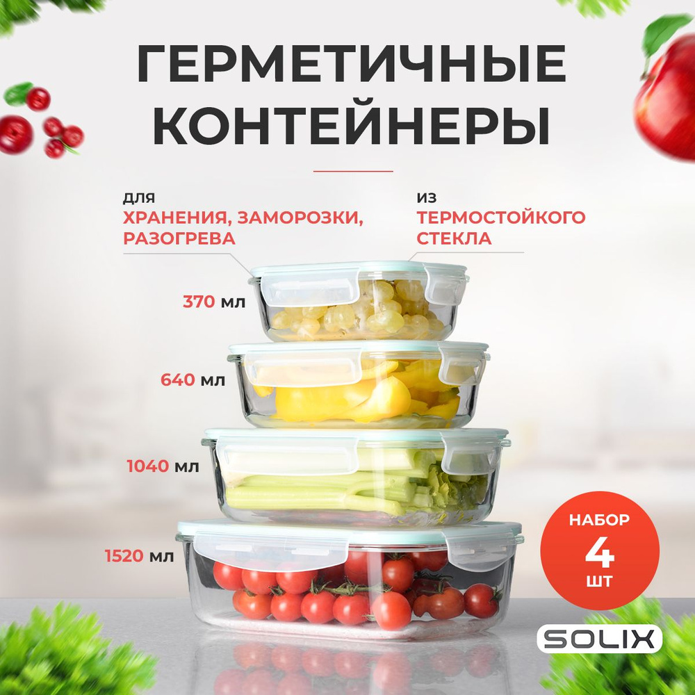 Набор стеклянных контейнеров SOLIX с крышками 4 шт, герметичные ланч-боксы для еды, заморозки, хранения, #1