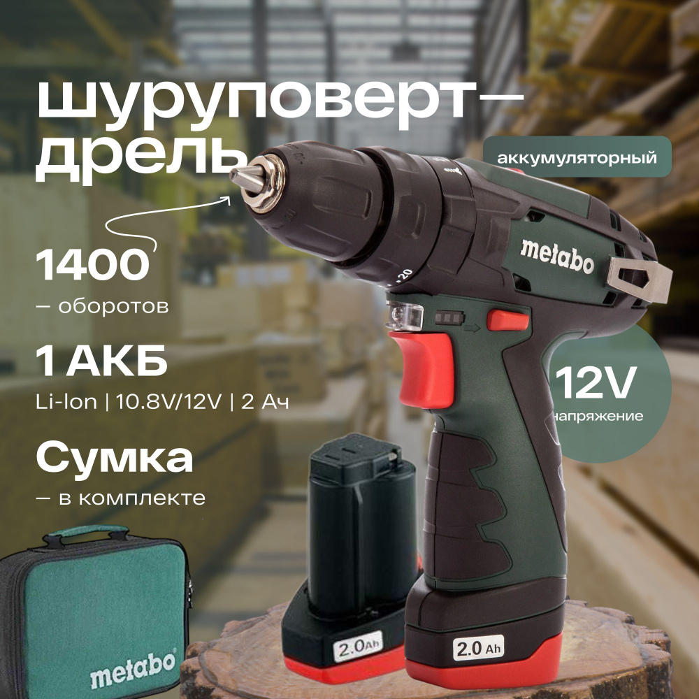 Аккумуляторная дрель-шуруповерт Metabo PowerMaxx BS + LC 40, 12V 1x2.0Ah в сумке (618139310)  #1