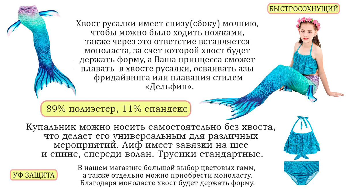 Костюм Русалка предлагает удивительную возможность превратиться в магическое создание из подводного мира. Сочный синий цвет придаст костюму неповторимый образ и привлечет внимание окружающих.  Размер 120 идеально подходит для детей ростом от 110 до 120 сантиметров, обеспечивая комфортное ношение. Костюм состоит из целых 10 предметов, которые помогут полностью погрузиться в волшебную атмосферу:  - Лиф купальника придает костюму элегантность и завершенность. Он аккуратно облегает тело.  - Трусики дополняют образ и обеспечивают комфортное ношение.  - Хвост русалки выполнен с большим вниманием к деталям, создавая иллюзию настоящего морского создания. Он прекрасно смотрится на любой фотосессии и добавляет загадочности образу.  - Моноласта для хвоста позволяет безопасно и комфортно двигаться в воде. Она идеальна для обучения фридайвингу, а также для освоения плавания стилем дельфин. Эта моноласта разработана с учетом всех требований безопасности и комфорта, обеспечивая свободу движений и отличную проходимость в воде.  - Бусы, браслет, 2 клипсы, кольцо и венок на голову с цветами придают образу завершенность и загадочность. Они подчеркивают индивидуальность и делают образ еще более захватывающим.  Купальник, входящий в состав костюма, можно носить самостоятельно. Он обеспечивает удобство и комфорт во время купания, а яркий синий цвет привлекает внимание.Моноласта, которая также входит в состав костюма, может быть использована отдельно для обучения детей фридайвингу или для освоения плавания стилем дельфин. Удобная и функциональная, она позволяет безопасно и эффективно развивать навыки плавания в воде.  Костюм Русалка - это идеальный выбор для фотосессий или просто для веселых игр в воде. Дайте своему ребенку возможность окунуться в мир фантазии и морских приключений!