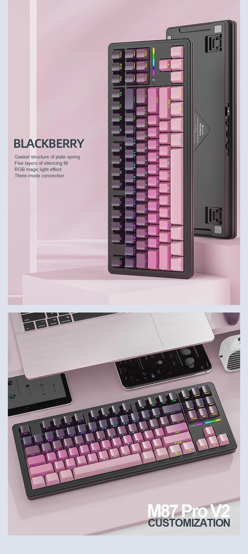 Игровая клавиатура беспроводная M87 PRO V2 трехрежимная RGB-подсветка ...