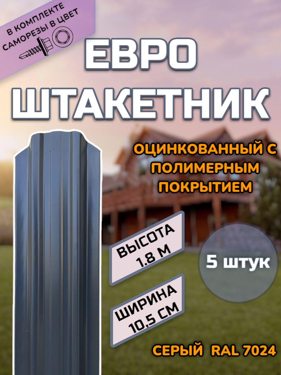 ШтакетникметаллическийФИГУРНЫЙ(штакет,ЕВРОШТАКЕТ)5ШТУК.(крепежвкомплекте)Одностороннийокрас,цветRAL7024Серый,высота1.8м,ширинапланки105мм)Забор