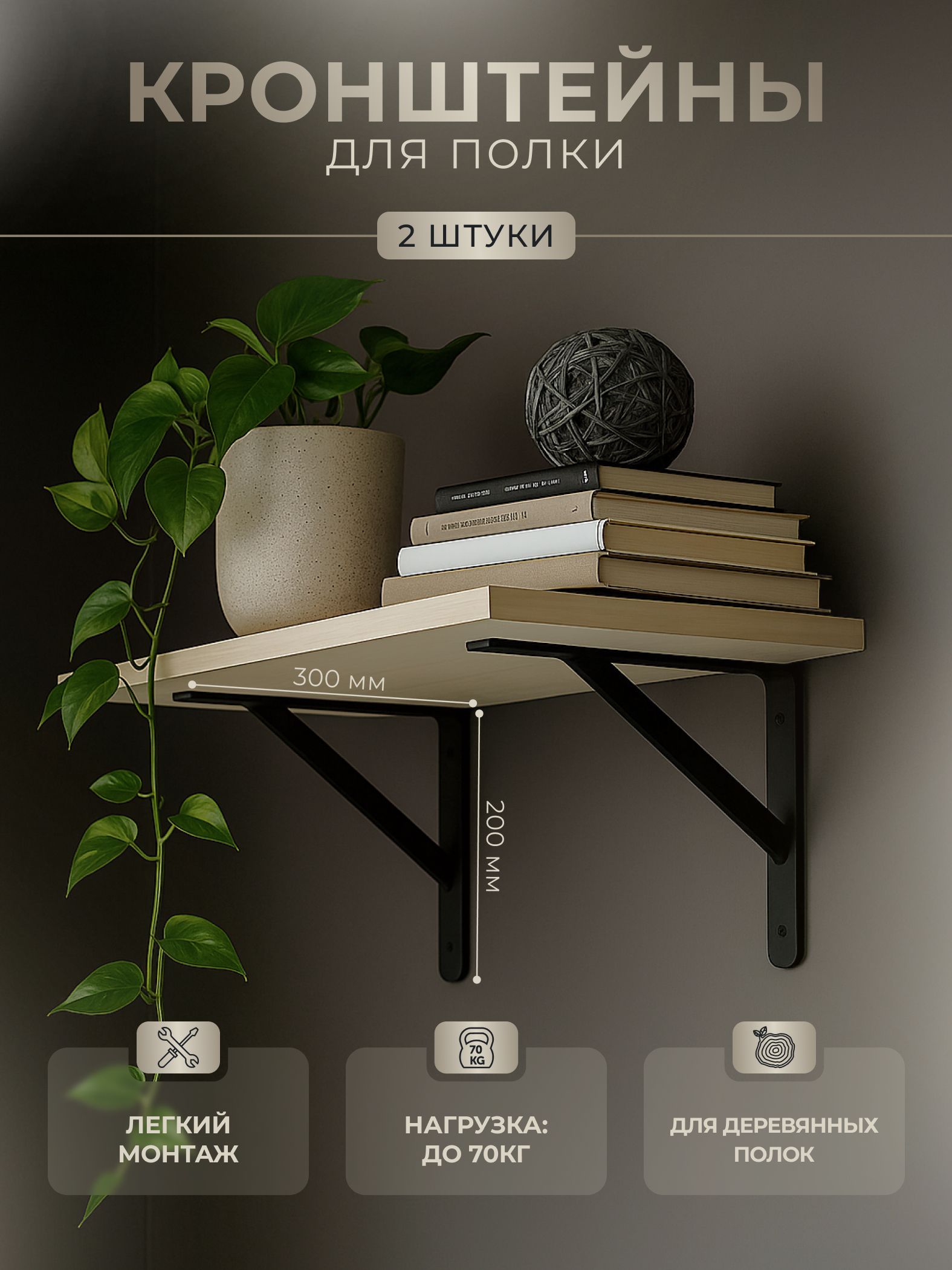 КронштейныдляполкиLINE2штнастенуметалл300*200*30*4мм