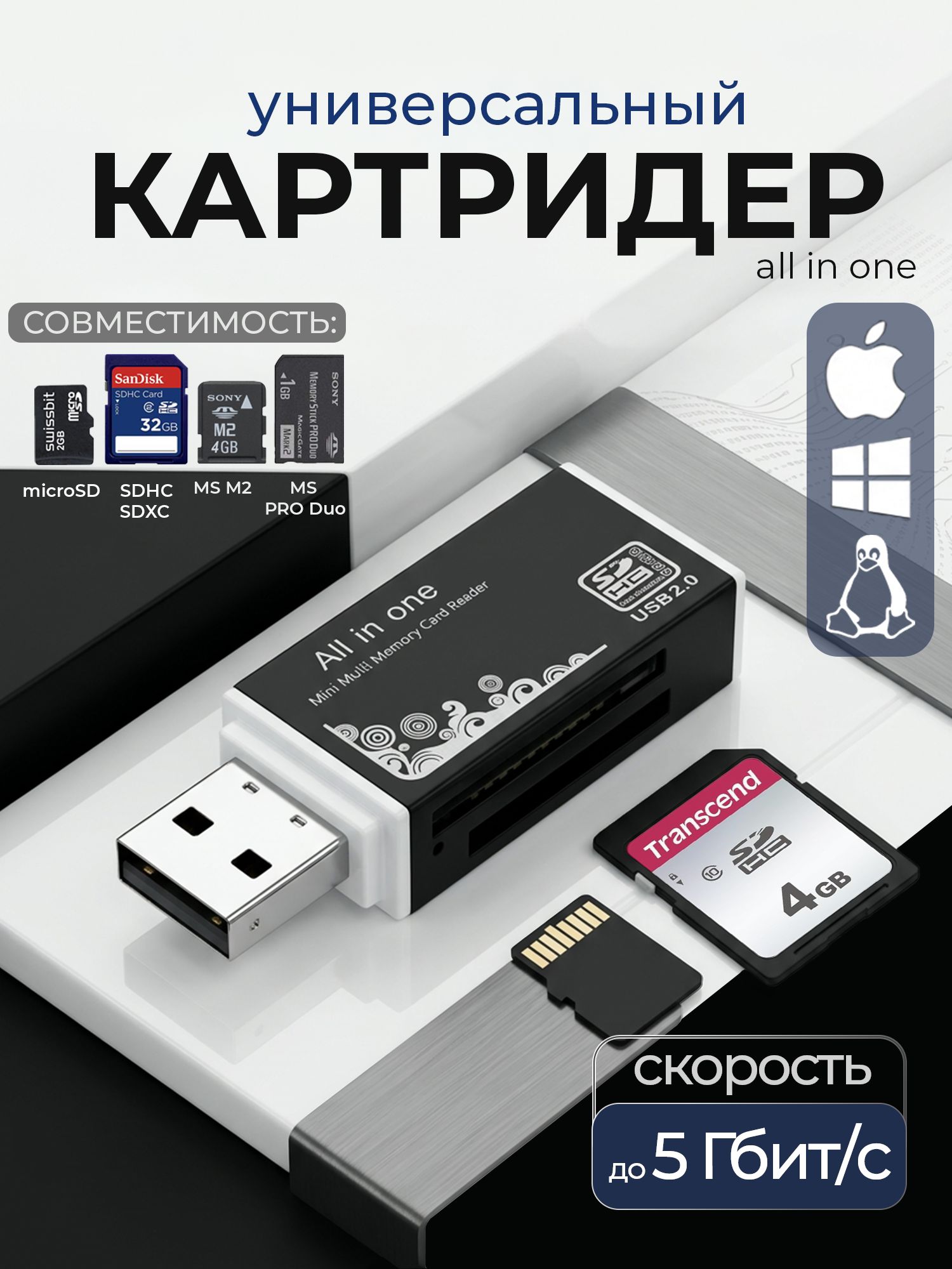 ПереходникуниверсальныйдлякартпамятиSDиMicroSD,TF