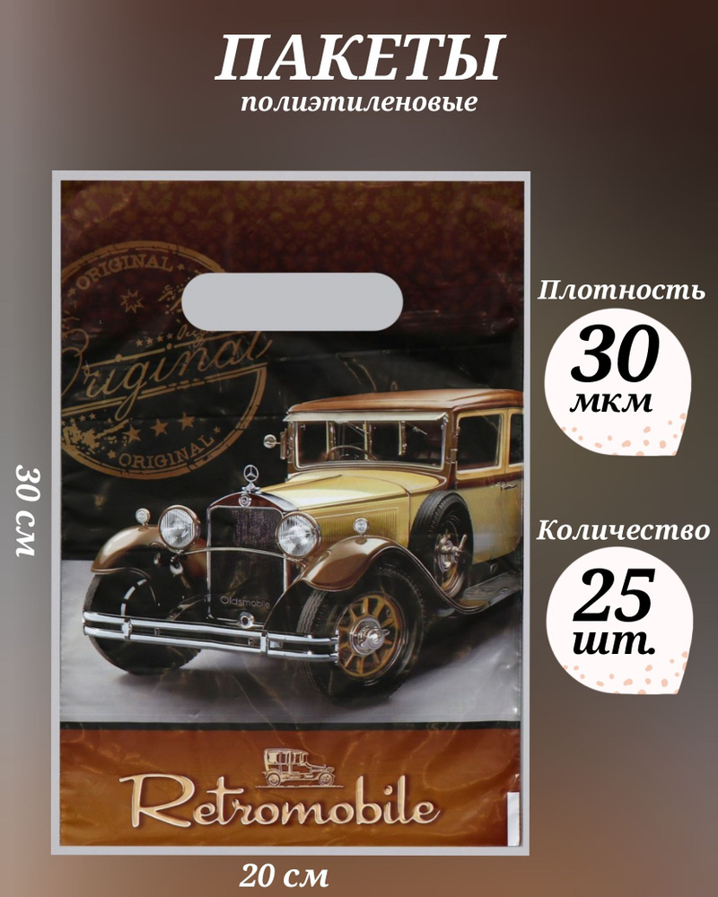 Пакет "Ретромобиль", полиэтиленовый с вырубной ручкой, 30 мкм, 20 х 30 см, 25 шт.  #1