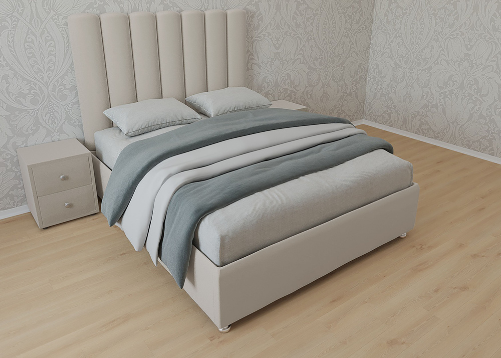 Двуспальная кровать Женева Нью 160x200 основание металлическое с ламелями велюр бежевый ножки 5 см  #1