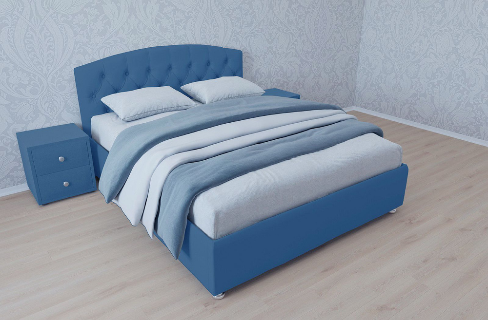 Двуспальная кровать Берлин с матрасом 180x200 основание металлическое с ламелями велюр синий без ножек #1