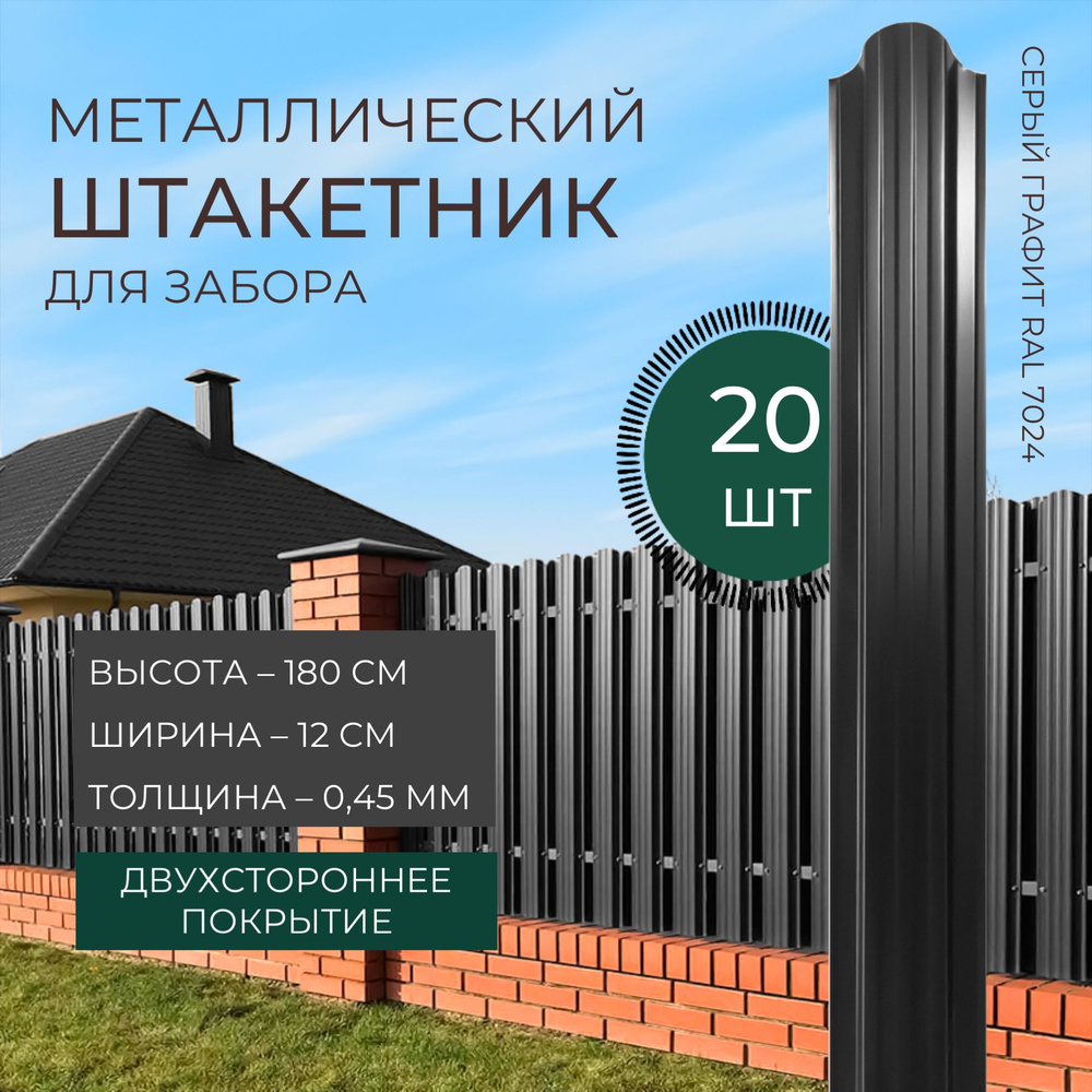 Штакетник металлический для забора двухсторонний 180х12 см. Толщина 0,45 мм Серый графит (RAL 7024)  #1