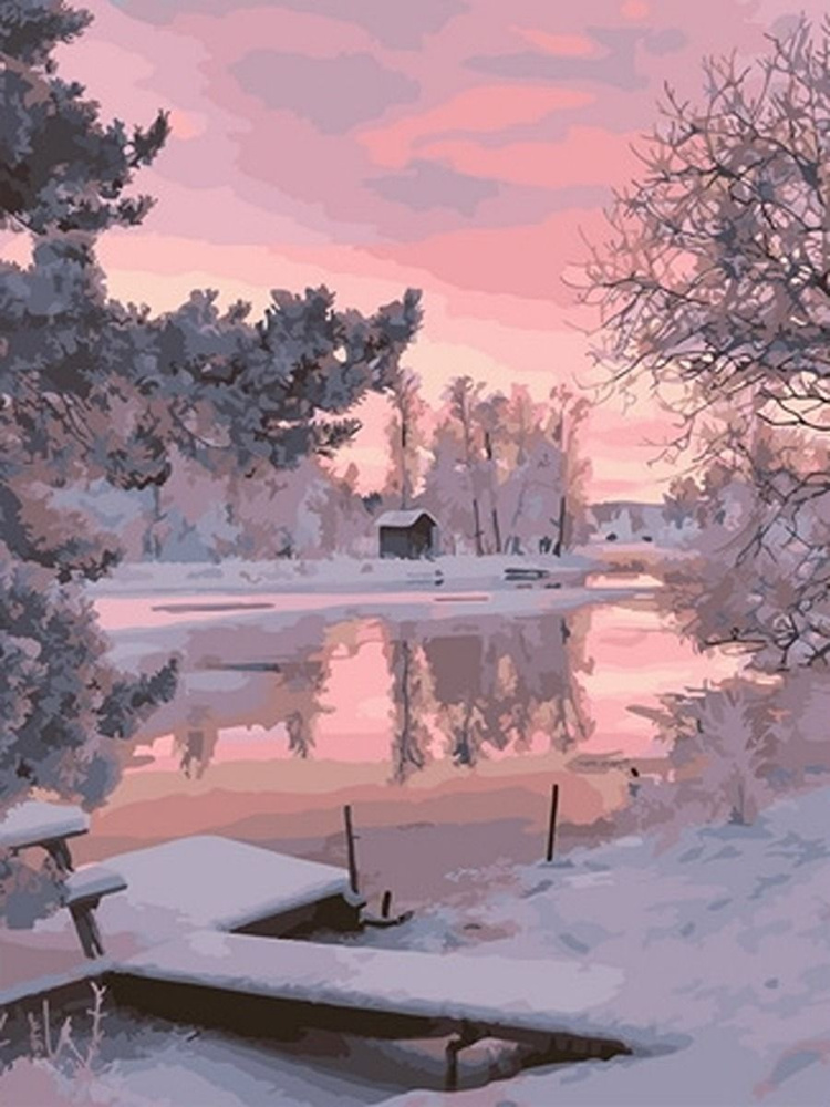 Картина по номерам на холсте 40*50 см "Бело-розовый зимний пруд"  #1