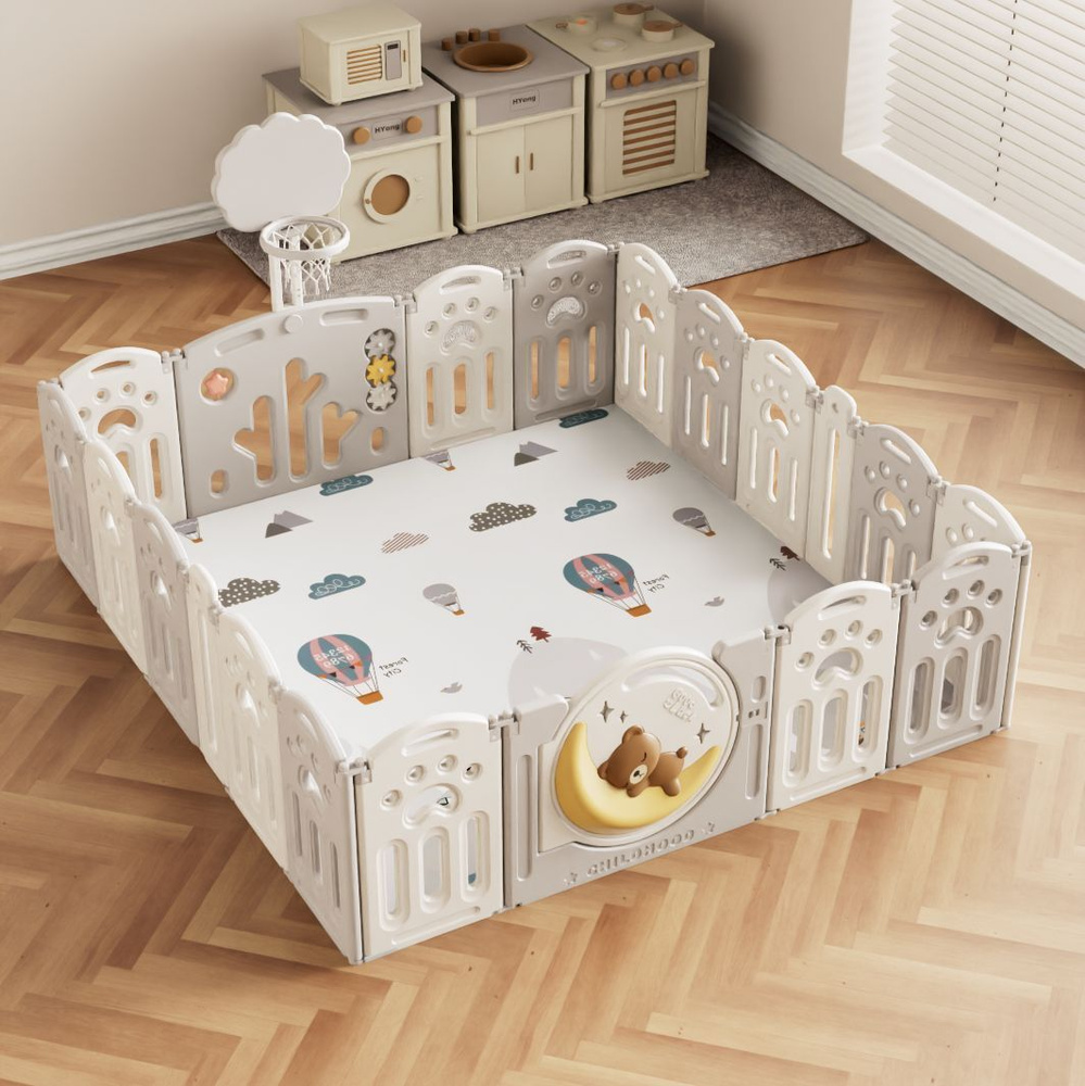 Манеж UNIX Kids DeLuxe Grey, 150 x 180 cм, с баскетбольным кольцом и ковриком, из безопасных материалов #1