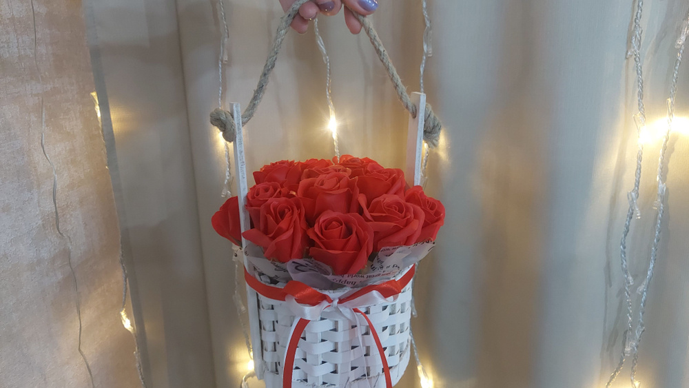 Букет из ароматных мыльных роз в корзине декоративный 15 шт, цвет красный  #1