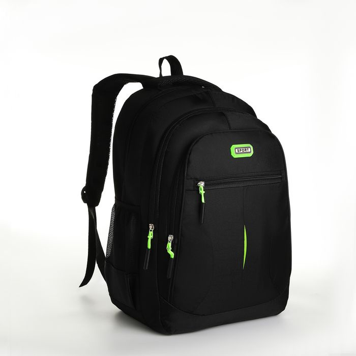 Рюкзак молодёжный из текстиля на молнии, 5 карманов, цвет чёрный/зелёный (спорт)  #1