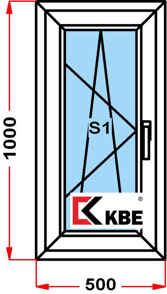 Окно пластиковое KBE 58 мм (1000 x 500), с поворотно-откидной створкой, стеклопакет из 3х стекол, левое #1