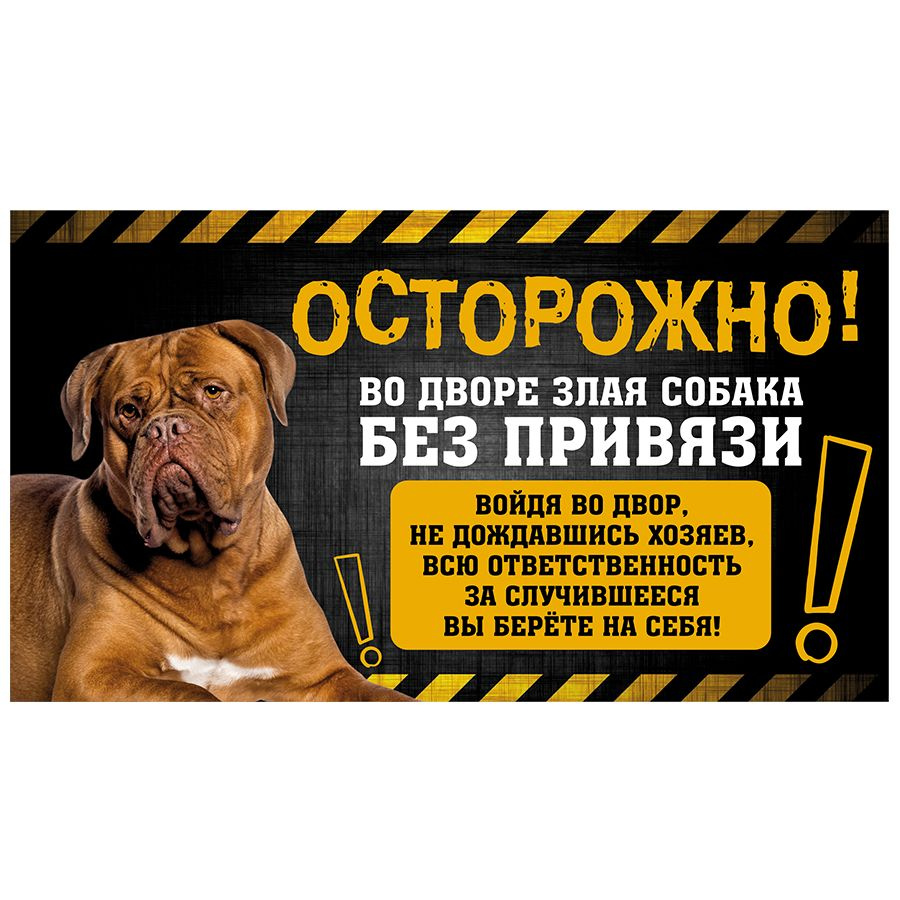 Табличка, с юмором, DANGER DOG, Осторожно! Во дворе собака без привязи, Бордоский дог, 25x14 см  #1