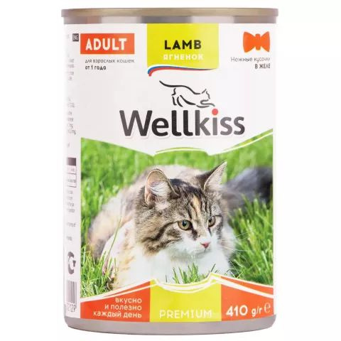 4 шт Wellkiss Влажный корм (консервы) для кошек, нежные кусочки с ягненком в желе, 410 гр.  #1