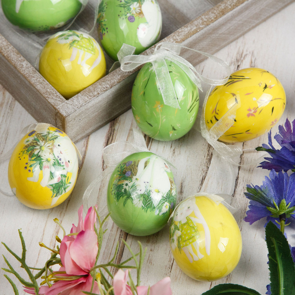 Пасхальные украшения Яйца с лентами - Happy Easter 5 см, 8 шт, подвеска  #1