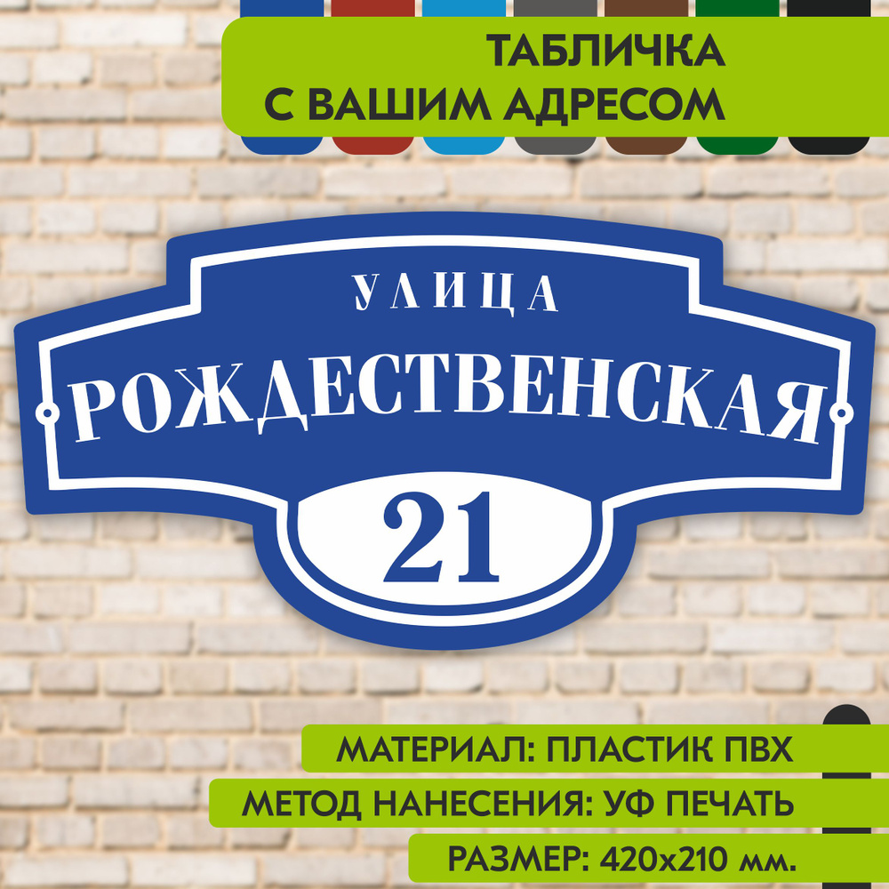 Адресная табличка на дом "Домовой знак" синяя, 420х210 мм., из пластика, УФ печать не выгорает  #1