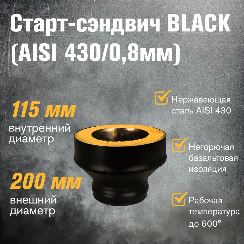 Старт-сэндвич для дымохода BLACK (AISI 430/0,8мм) д.115х200 (ММ) #1