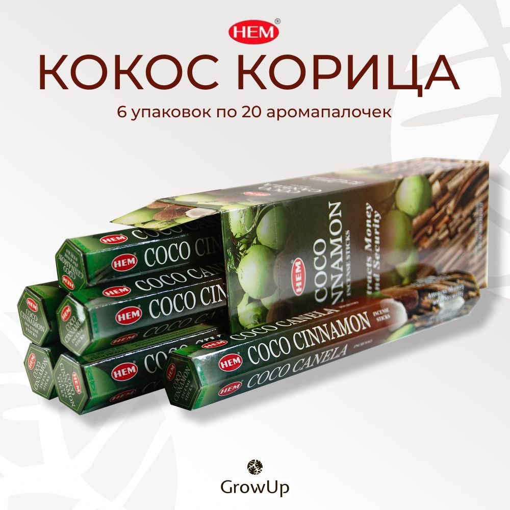 HEM Кокос Корица - 6 упаковок по 20 шт - ароматические благовония, палочки, Coconut Cinnamon - Hexa ХЕМ #1