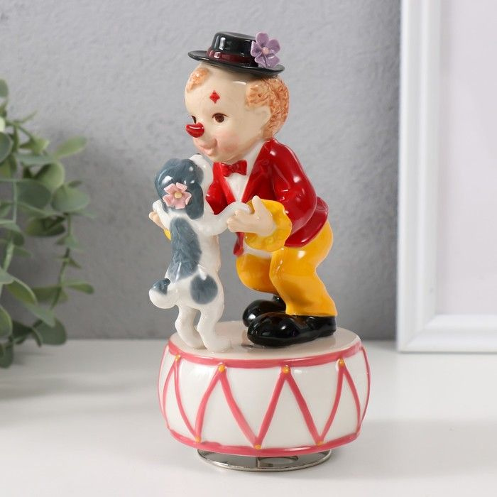 Сувенир керамика музыкальный "Клоун танцует с собачкой на барабане" 8х9,5х16,5 см  #1