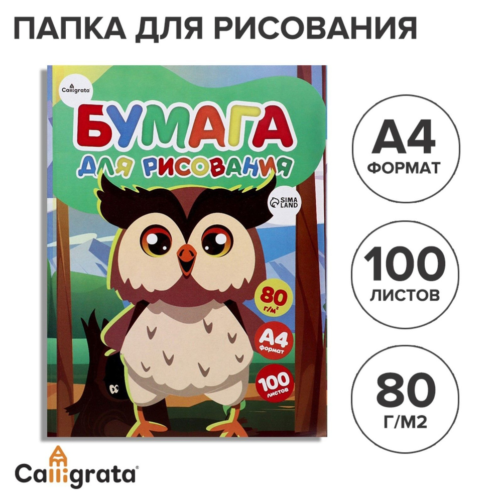 Бумага для рисования А4, 100 листов "Совенок" Calligrata, 80г/м2, в папке  #1