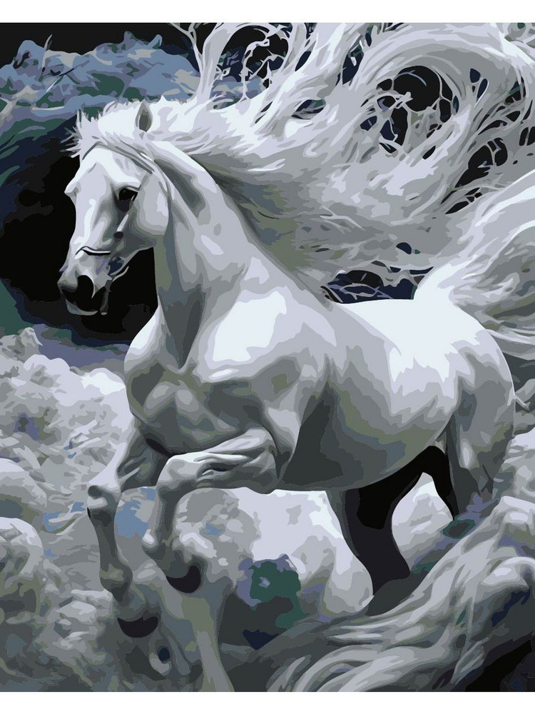 Картина по номерам белый благородный конь на холсте с деревянным подрамником размер 40х50, акриловые #1