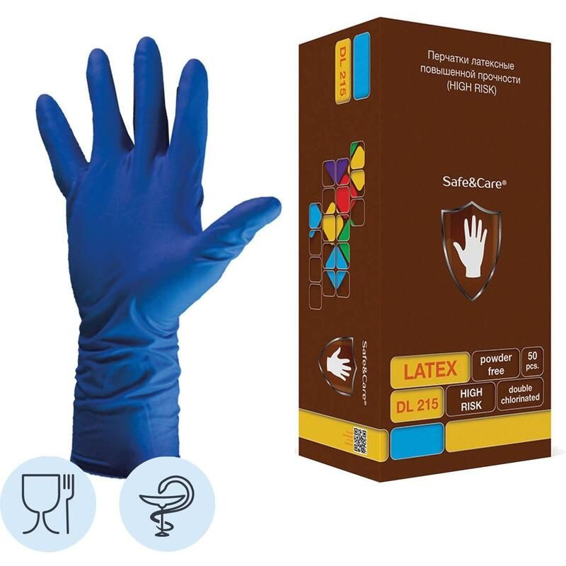 Перчатки медицинские Safe and Care High Risk DL-215 латексные синие (размер XL, 50 штук/25 пар в упаковке) #1