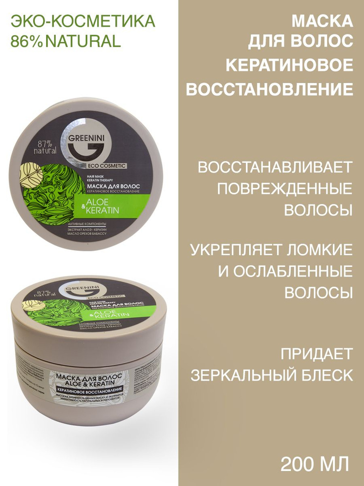 Greenini Маска для волос Кератиновое восстановление Aloe & Keratin 250 мл  #1