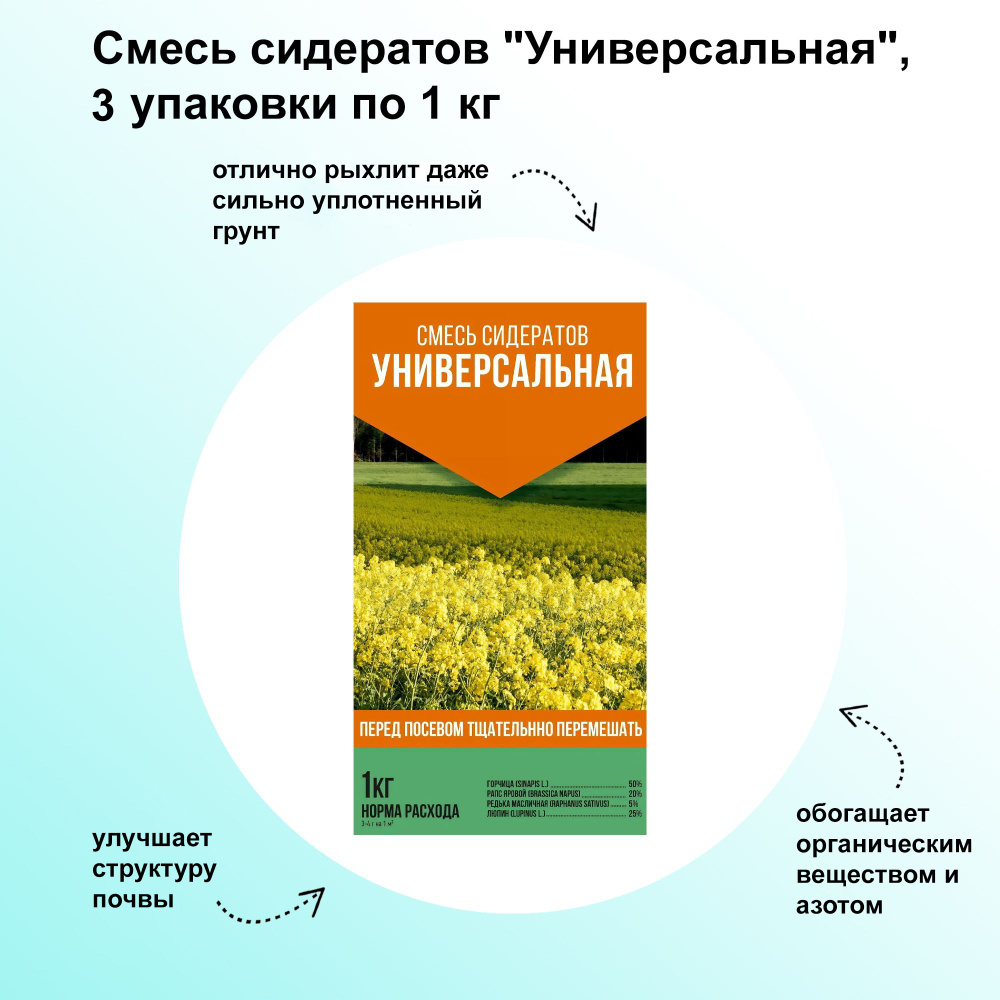 Смесь сидератов "Универсальная", 3 упаковки по 1 кг: отлично рыхлит даже сильно уплотненный грунт, улучшает #1