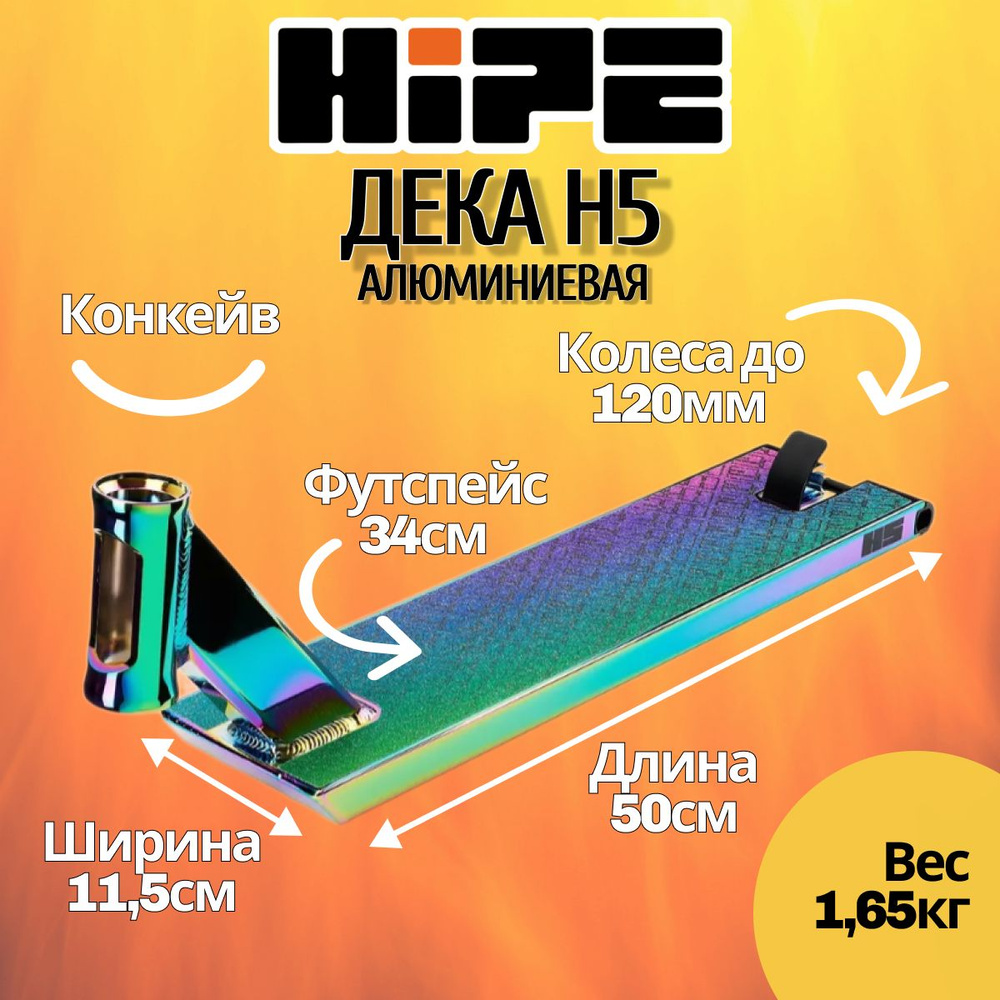 Дека для трюкового самоката HIPE H5 + шкурка, 500х115 мм, неохром  #1