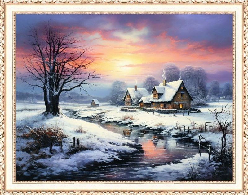 Алмазная мозаика "Зимний закат" круглые стразы на подрамнике 40х50 см, HWA5723  #1
