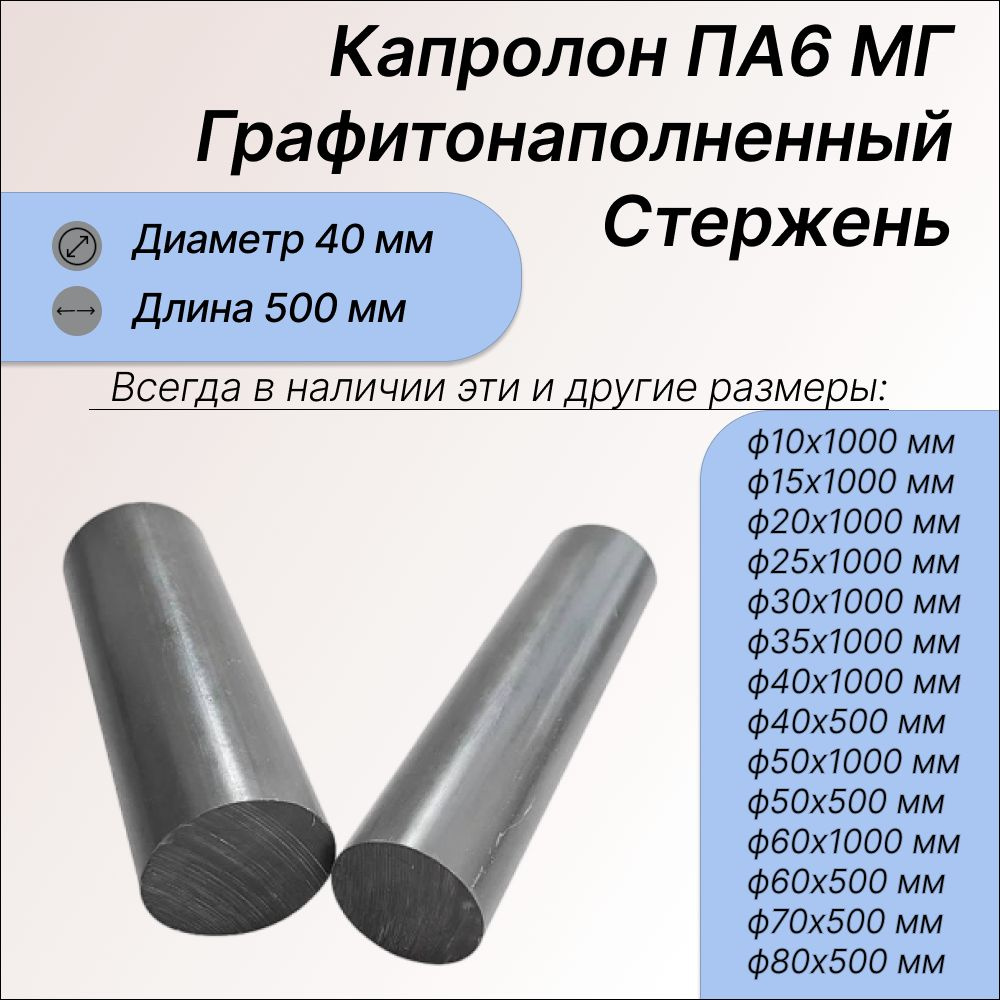 Капролон ПА6 МГ, стержень ф40х500мм, графитонаполненый, черный пластик  #1