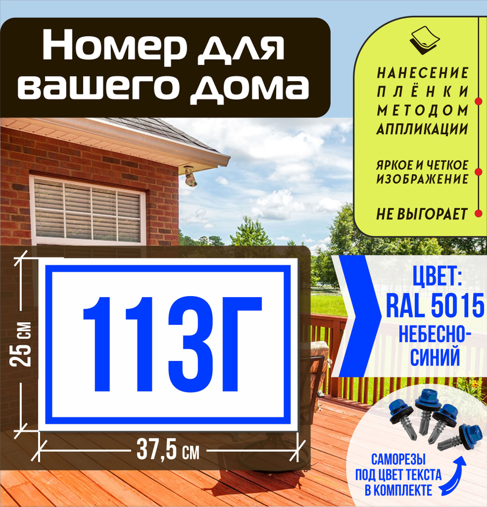 Адресная табличка на дом с номером 113г RAL 5015 синяя #1
