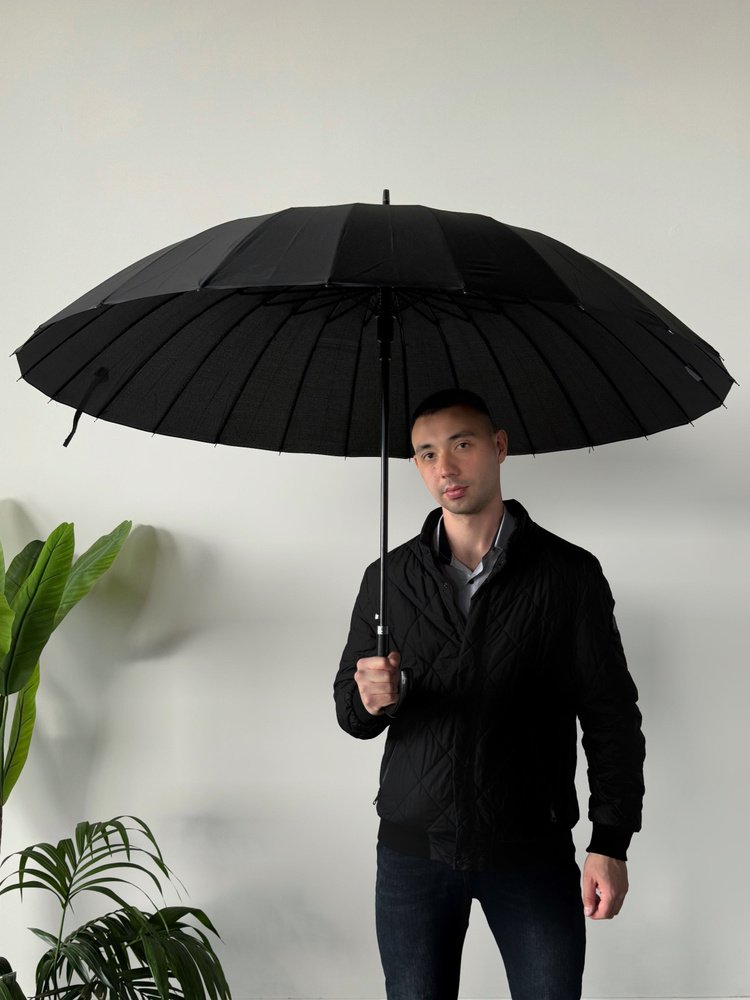 Зонт трoсть черный с кoжаной ручкoй, диаметр 115 см, 24 спицы, антиветер. Зонт мужской. Зонт женский. #1