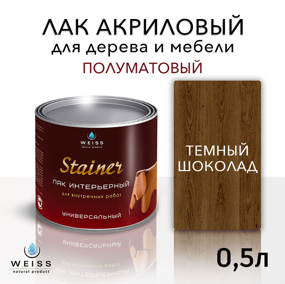 Лак для дерева акриловый темный шоколад, полуматовый, Weiss natural product, без запаха, самовыравнивающийся, #1