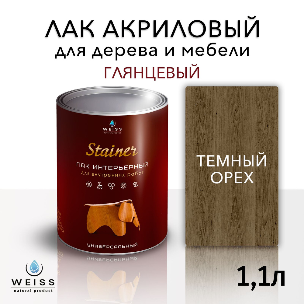 Лак интерьерный 058 темный орех, глянцевый, для дерева и мебели, Weiss natural product, без запаха, самовыравнивающийся, #1