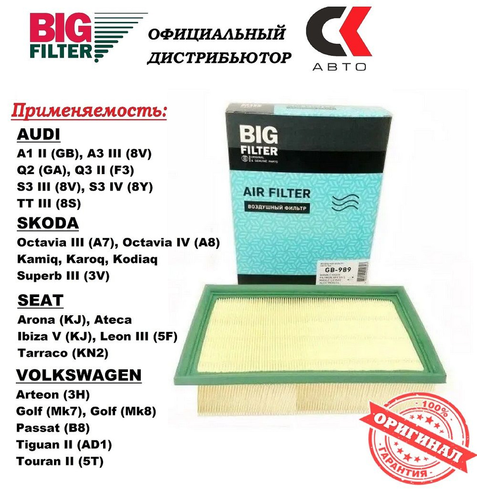 Фильтр воздушный BIG FILTER GB-989 Фольцваген Шкода SKODA Ауди Audi  #1