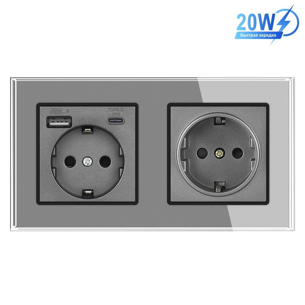 Розетка двойная 2 поста с USB и type-C входами, с быстрой зарядкой, рамка стекло, цвет серый  #1