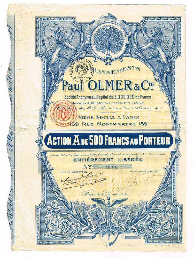 Ценная бумага Акция на 500 франков. Швейная компания Поля Ольмера (Etablissements Paul Olmer & Cie). #1