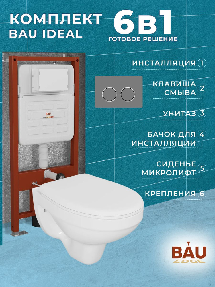 Комплект BAU 6 в 1: усиленная инсталляция BAU IDEAL, унитаз подвесной Rio Luxe 52*35, сиденье микролифт, #1