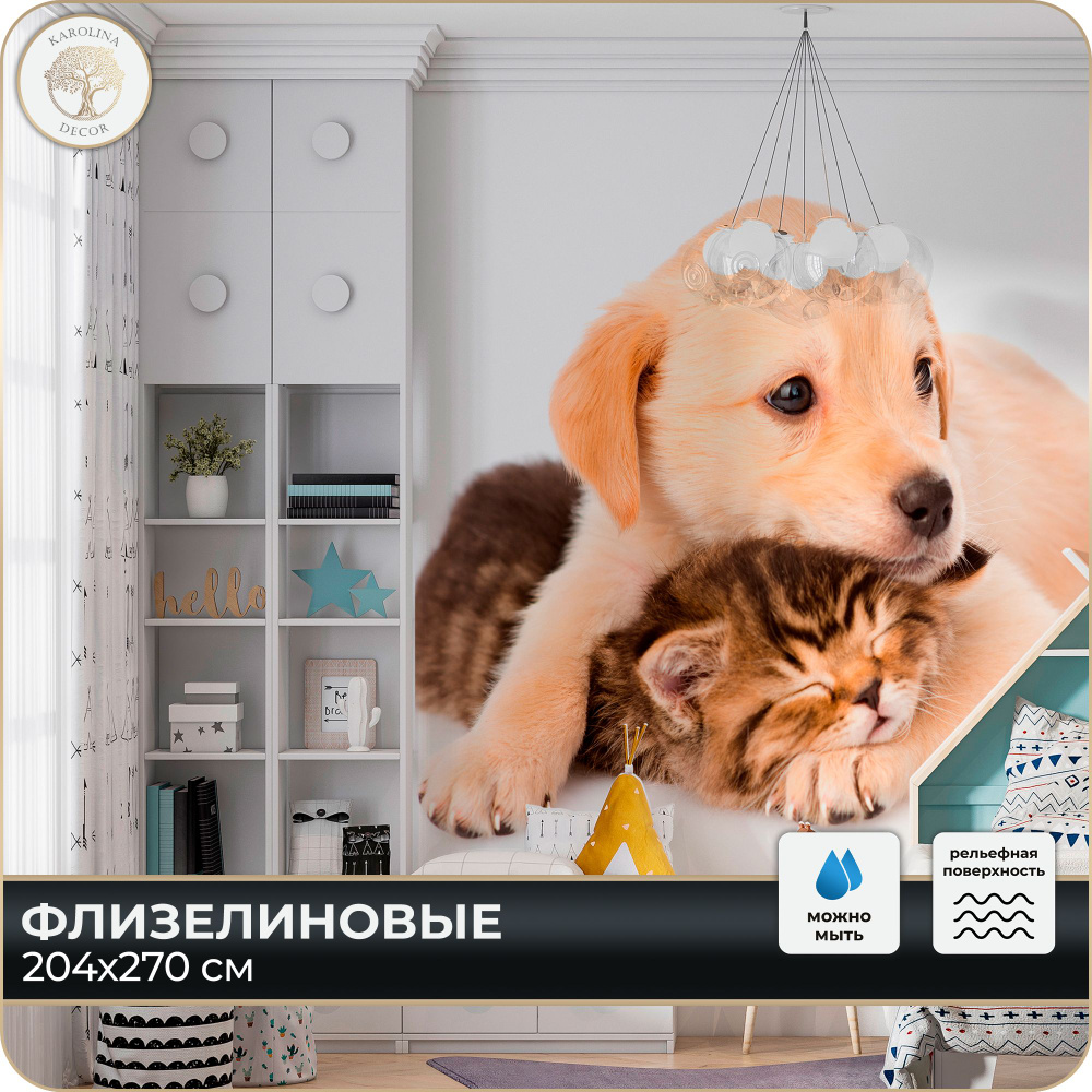 Фотообои 3D Животные Собака и Кот в спальню, в гостиную, на кухню 200х270  #1
