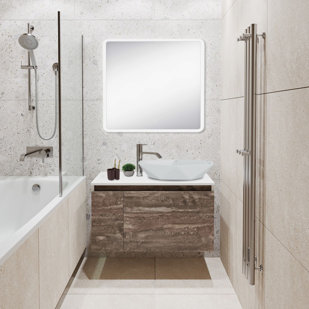 Мебель для ванной Runo Бари 80, железный камень, раковина Poligono, зеркало Руан 80*80, выпуск  #1