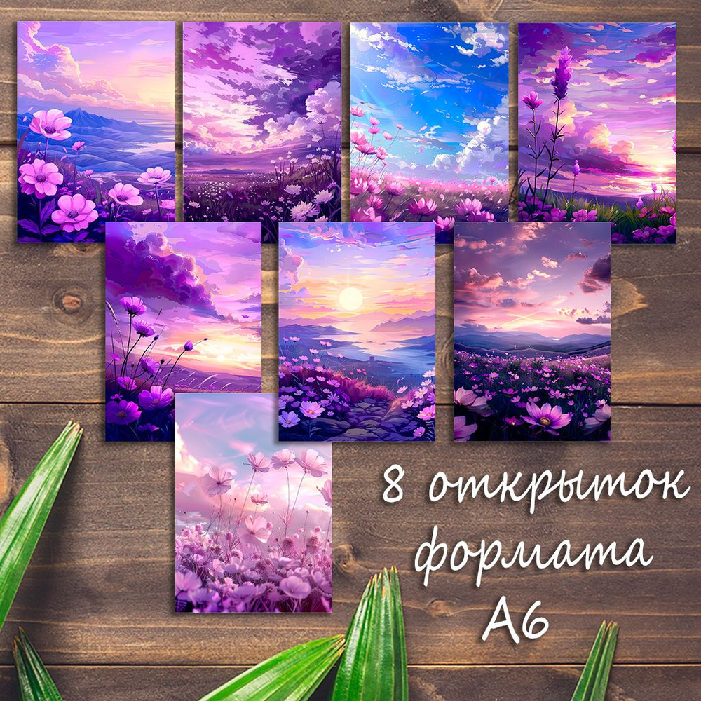 Большой набор открыток Фиолетовые цветы, 8 штук #1