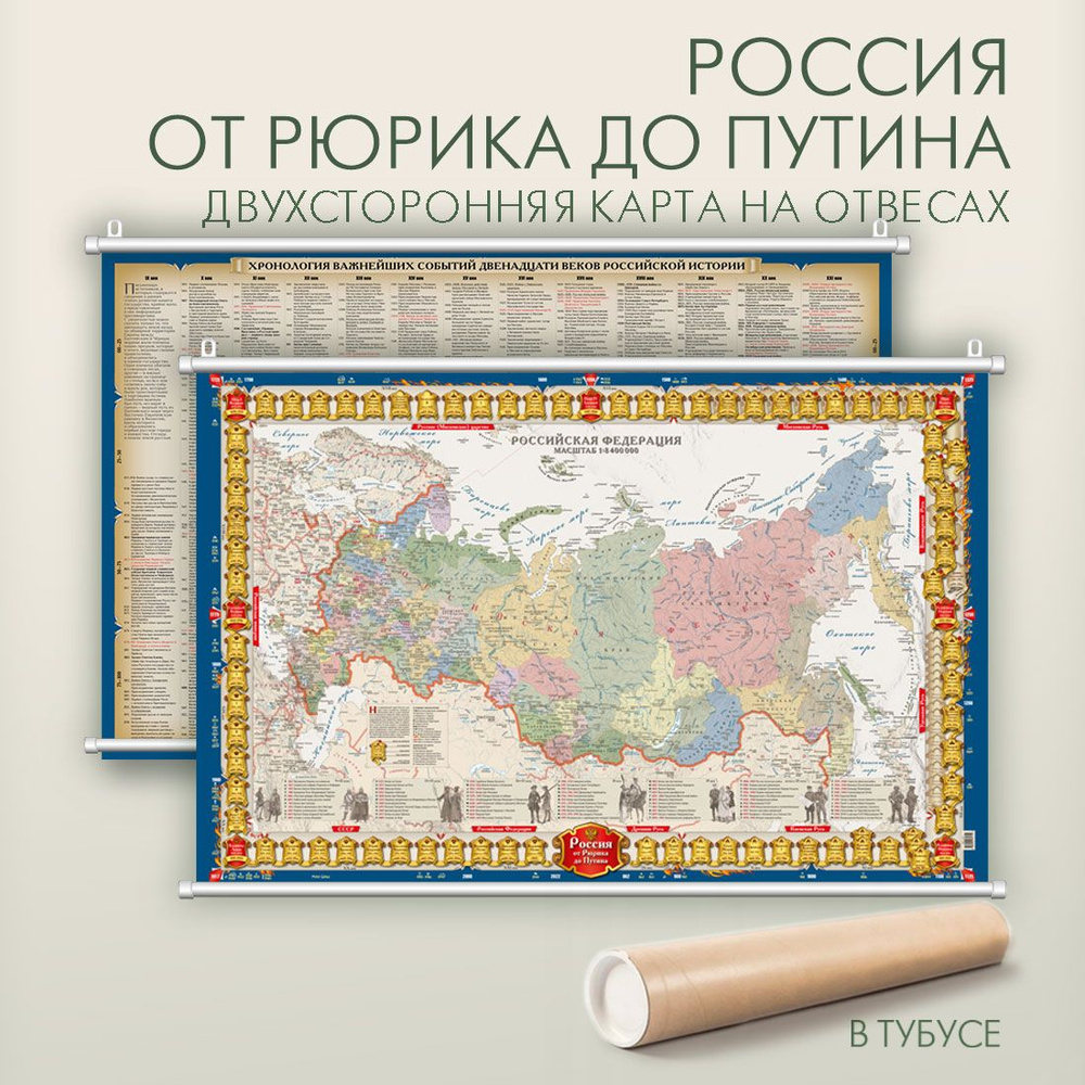 Карта России от Рюрика до Путина двухсторонняя на отвесах в тубусе  #1